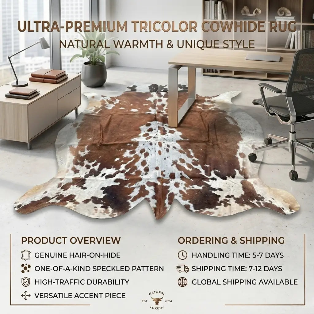 Genuine Tricolor Cowhide Rug – Natural Brown, White & Speckled Pattern