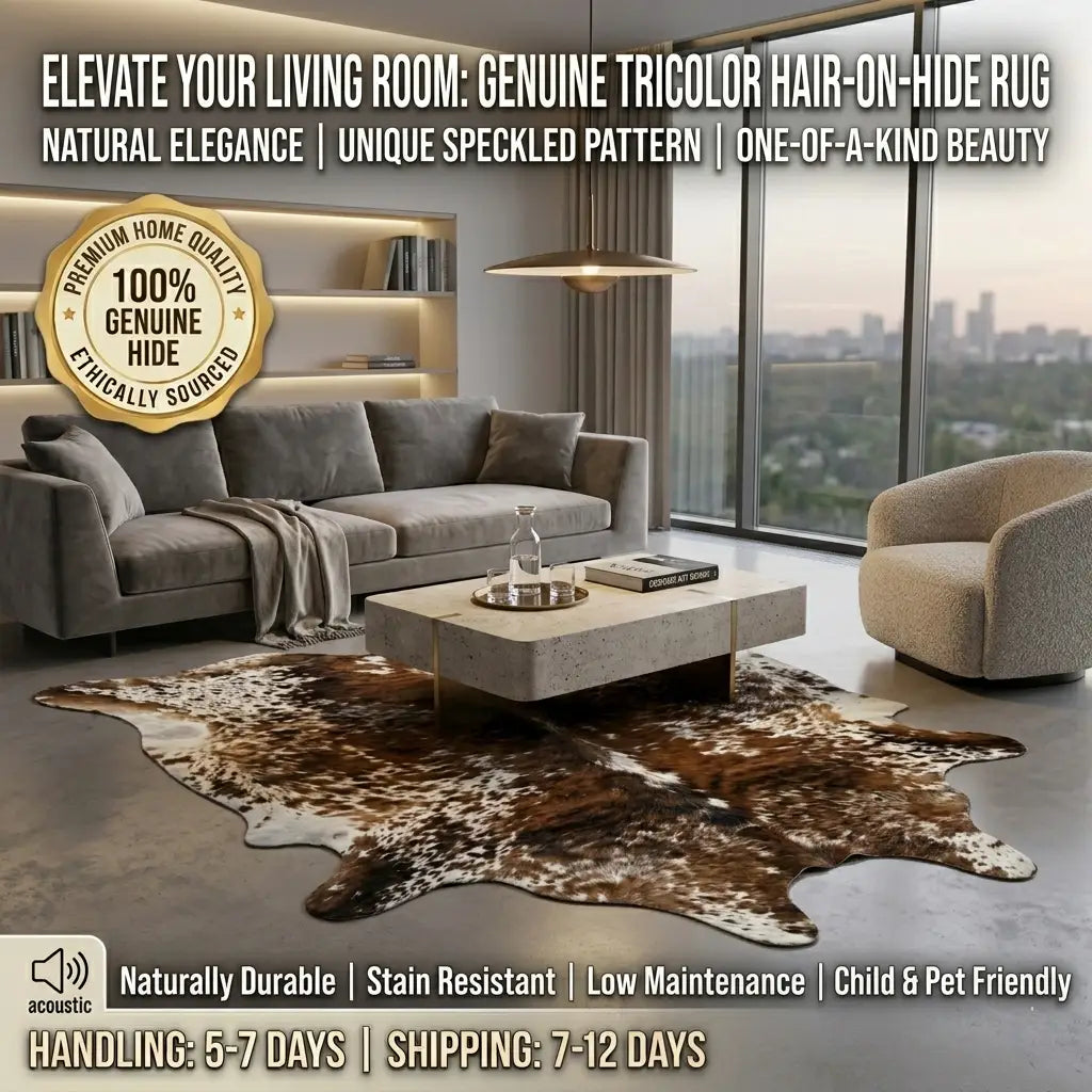 Genuine Tricolor Hair-on-Hide Rug with a Unique Brown & White Speckle